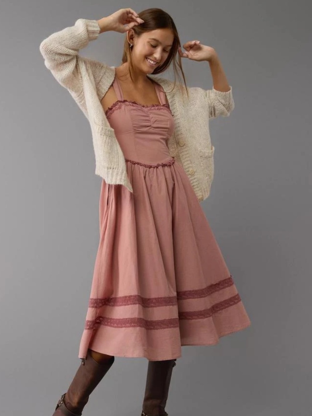 American Eagle Corset V- Waist Dusty Rose Midi Dress size Small